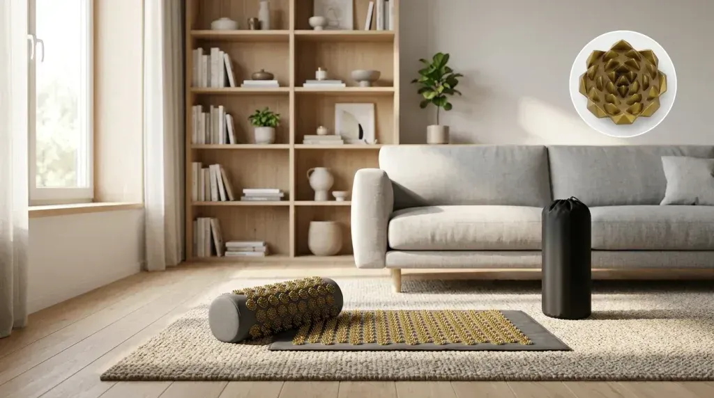 un tapis d'acupression en couleur or et noir est posé dans un salon devant un canapé et meuble