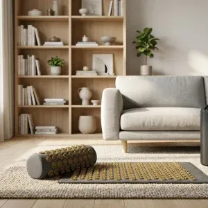 un tapis d'acupression en couleur or et noir est posé dans un salon devant un canapé et meuble