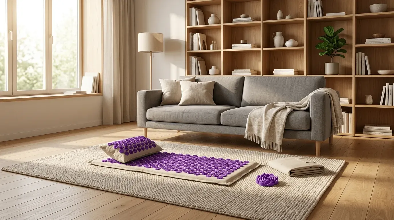 tapis d'acupression violet et gris posé au sol devant un canapé