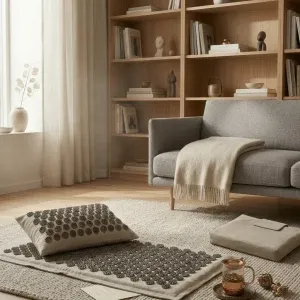 un tapis d'acupression gris et or devant un canapé dabs un salon