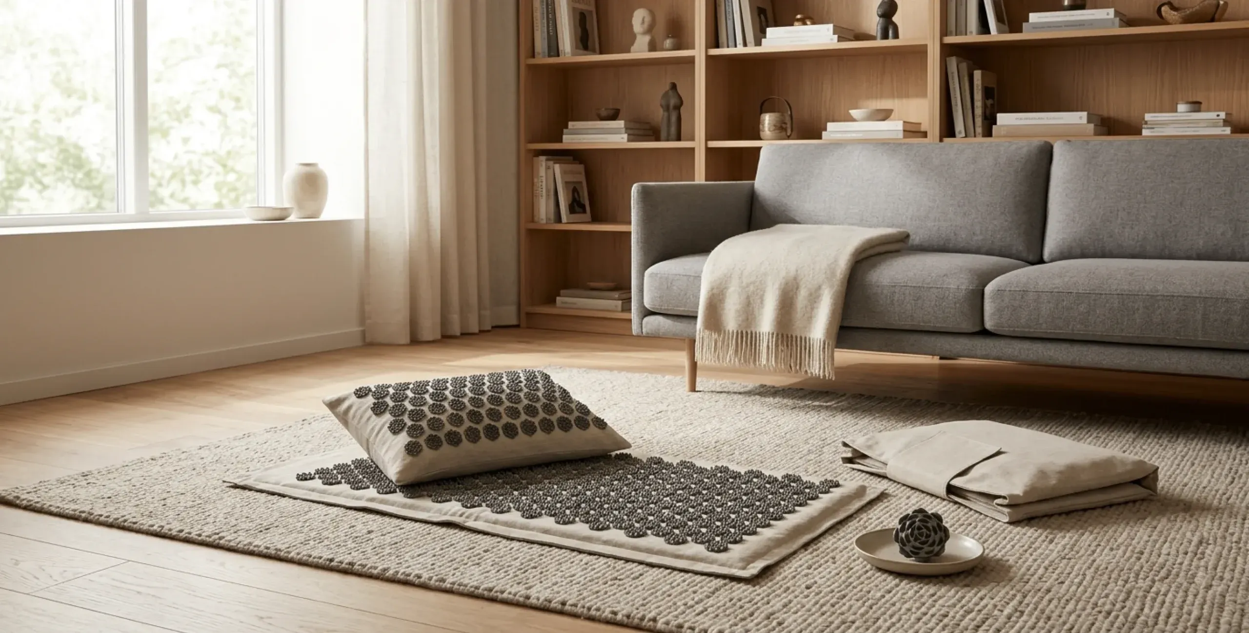 tapis d'acupression gris et or au sol devant un canapé
