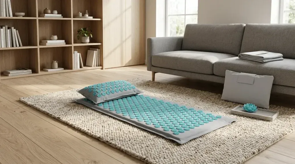 tapis d'acupression bleu ciel posé au sol devant un canapé
