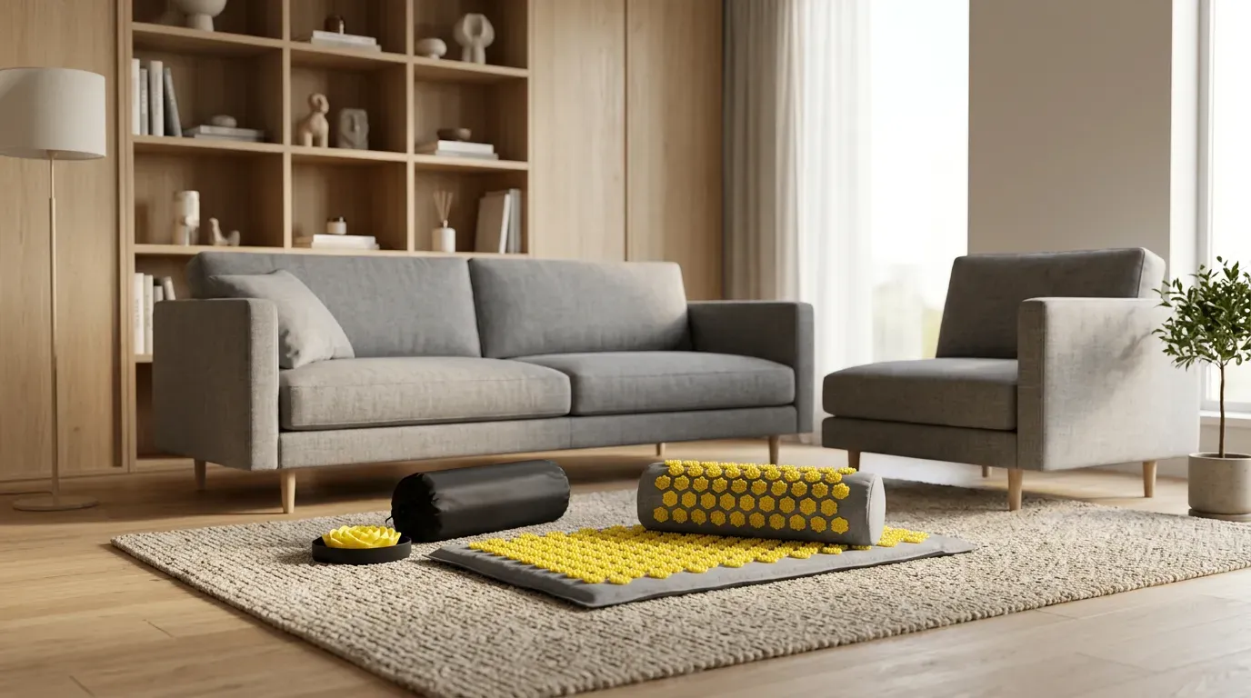 tapis acupression jaune et gris